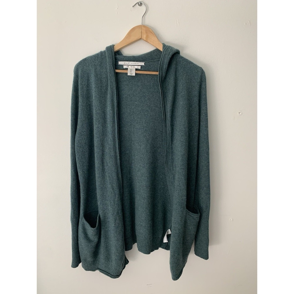 Max Studio 100% 2 Ply Cashmere Green Hooded Open Front Cardigan Sz L Soft Cozy